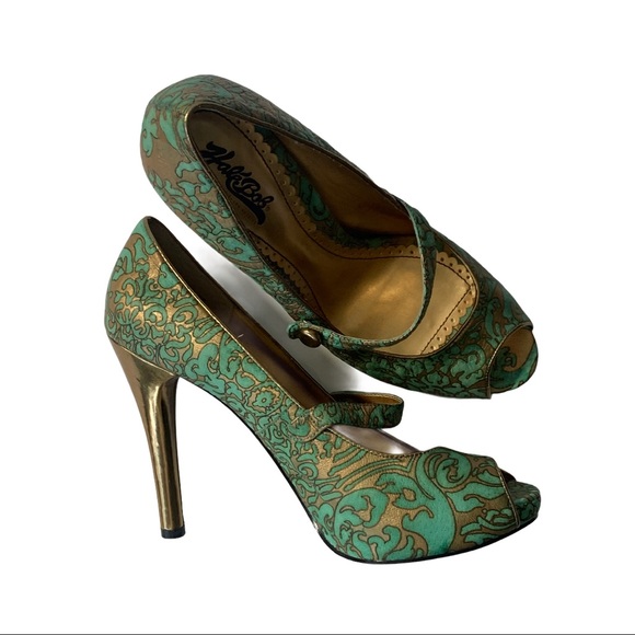 Hale Bob Teal Leather Peep Toe Maryjane Stiletto - Picture 13 of 14